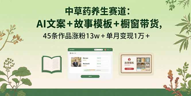 中草藥養生賽道：AI文案+故事模板+櫥帶貨，45條作品漲粉13w+單月變現1萬+