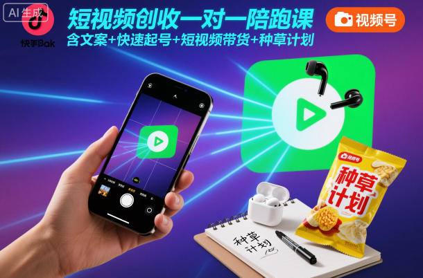 短視頻創(chuàng)收一對(duì)一陪跑課，含文案+快速起號(hào)+短視頻帶貨+種草計(jì)劃