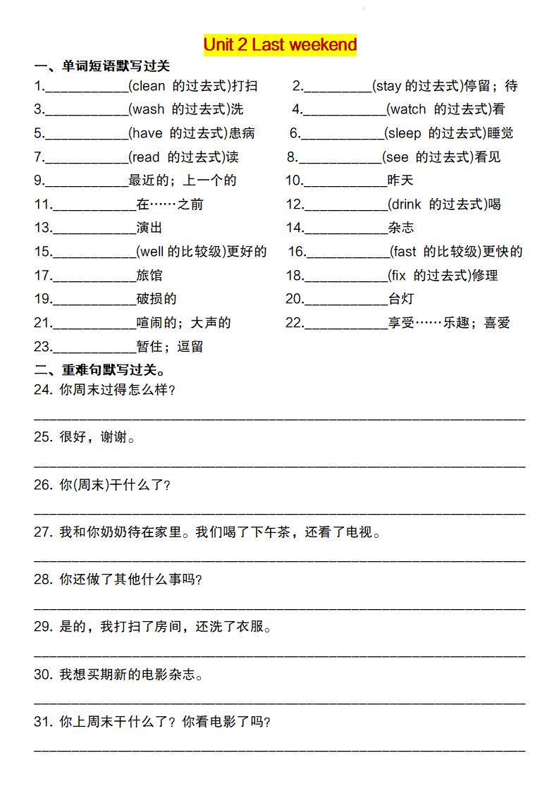 六下英語(人教pep)重點詞句默寫闖關(guān)單