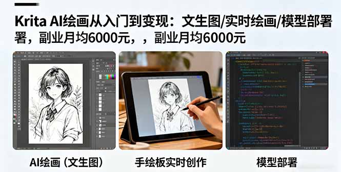 Krita AI繪畫從入門到變現：文生圖/實時繪畫/模型部署，副業月均6000元