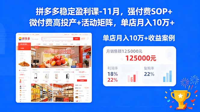 拼多多穩定盈利課-11月，強付費SOP+微付費高投產+活動矩陣，單店月入10w+
