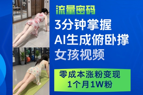 3分鐘掌握AI生成俯臥撐女孩視頻，零成本漲粉變現(xiàn)，1個(gè)月1W粉