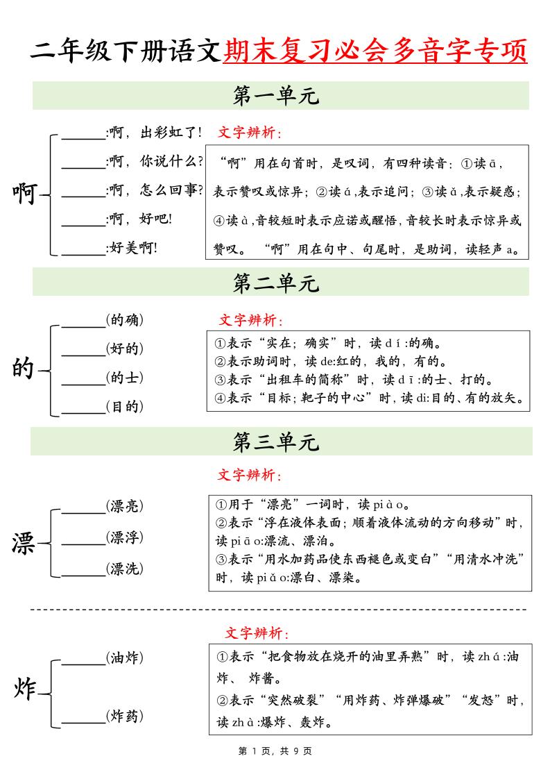 二下語文期末復(fù)習(xí)必會多音字專項練習(xí)(9頁)