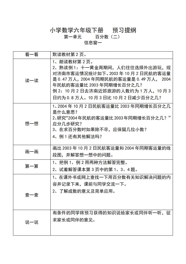 六下人教版數學課前預習單