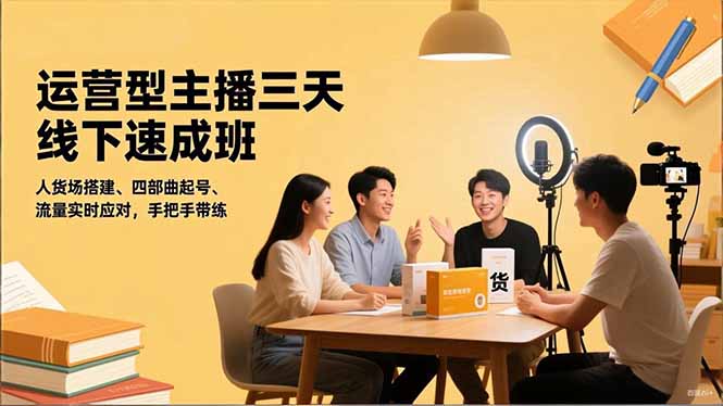 運營型主播三天線下班，人貨場搭建,四部曲起號,流量實時應對，手把手帶練