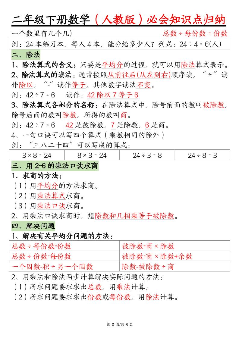 二下數學【人教版】必會【知識點】歸納總結6頁