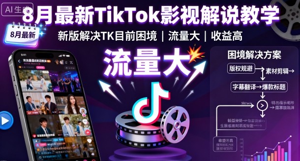 8月最新TikTok影視解說(shuō)教學(xué)，新版解決TK目前困境，流量大，收益高