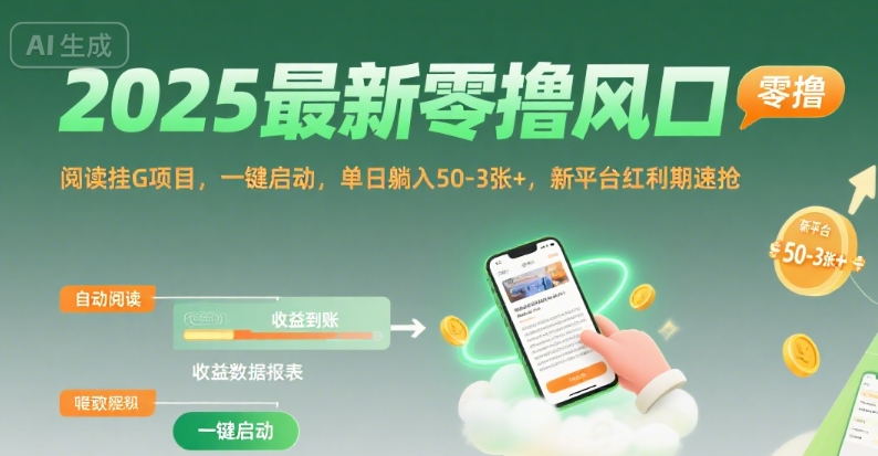 2025最新零擼風口，閱讀掛G項目，一鍵啟動，單日躺入 50-3張+，新平臺紅利期速搶【揭秘】