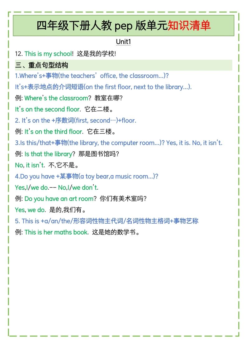 四下英語人教pep版單元知識清單