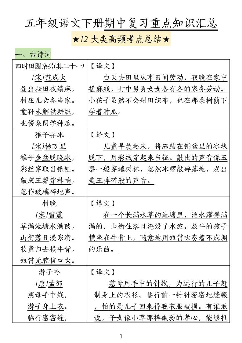 五下語文期中高頻考點總結