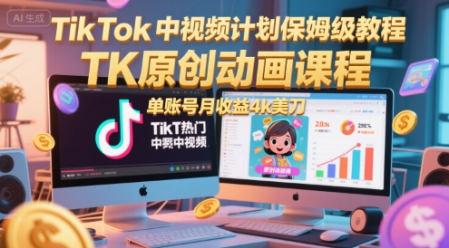 TikTok中視頻計劃保姆級教程，TK原創動畫課程，單賬號月收益4k美刀
