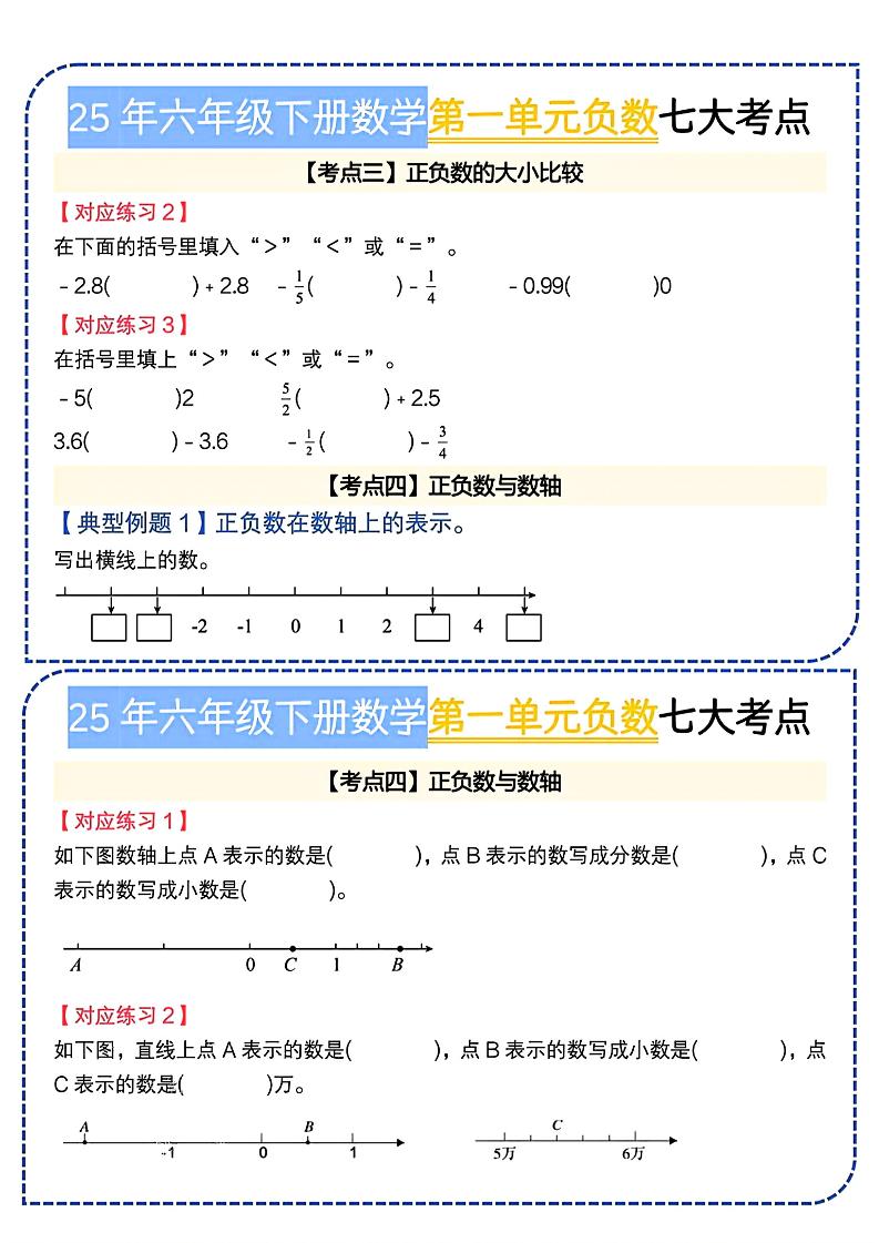 六下數學人教負數七大考點小紙條