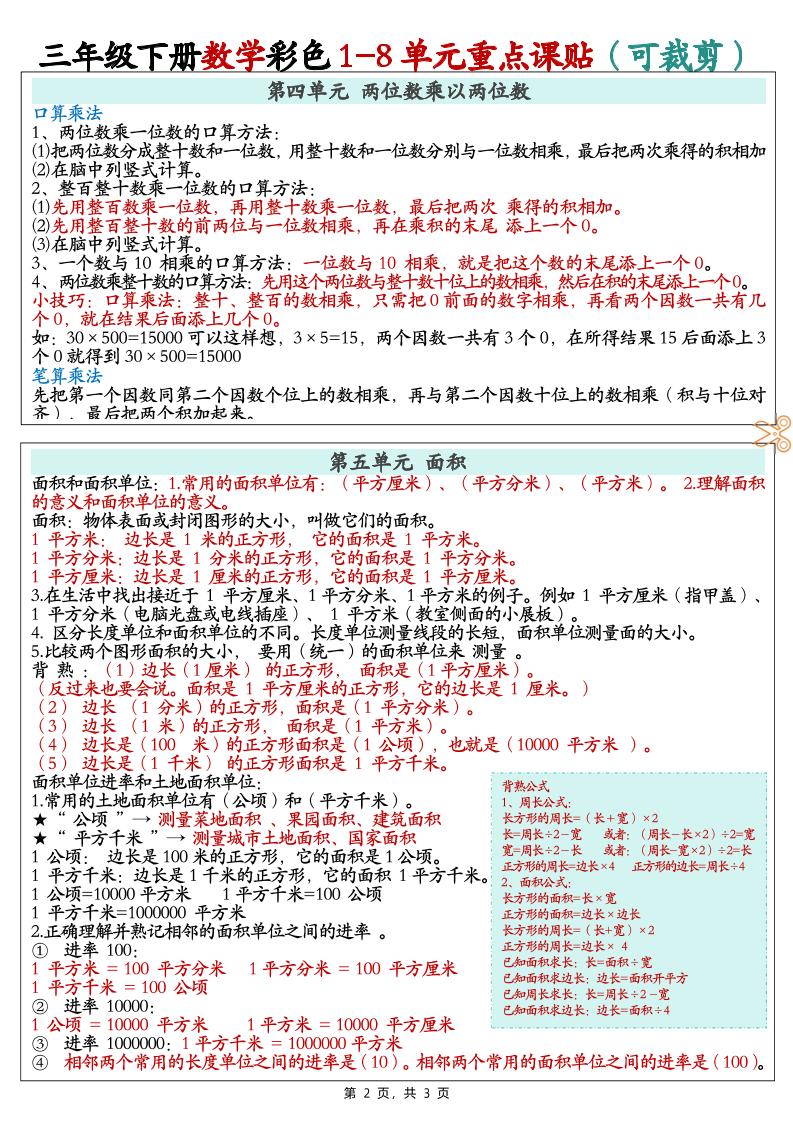 三下數學彩色1-8單元重點課課貼(3頁)