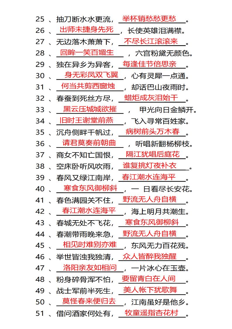 四年級下語文常考古詩詞填空100題有答案