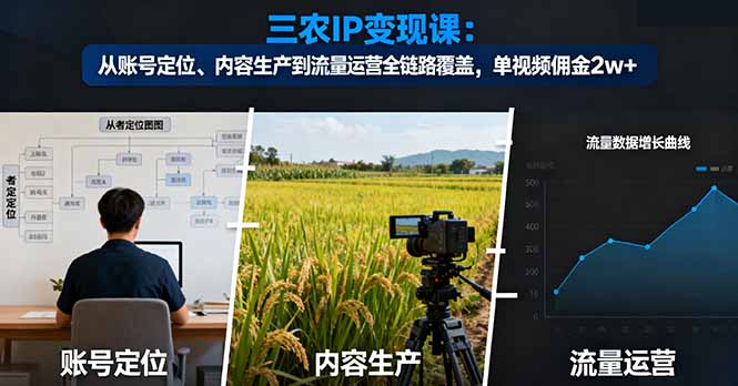 三農IP變現課:從賬號定位、內容生產到流量運營全鏈路覆蓋,單視頻傭金2w+