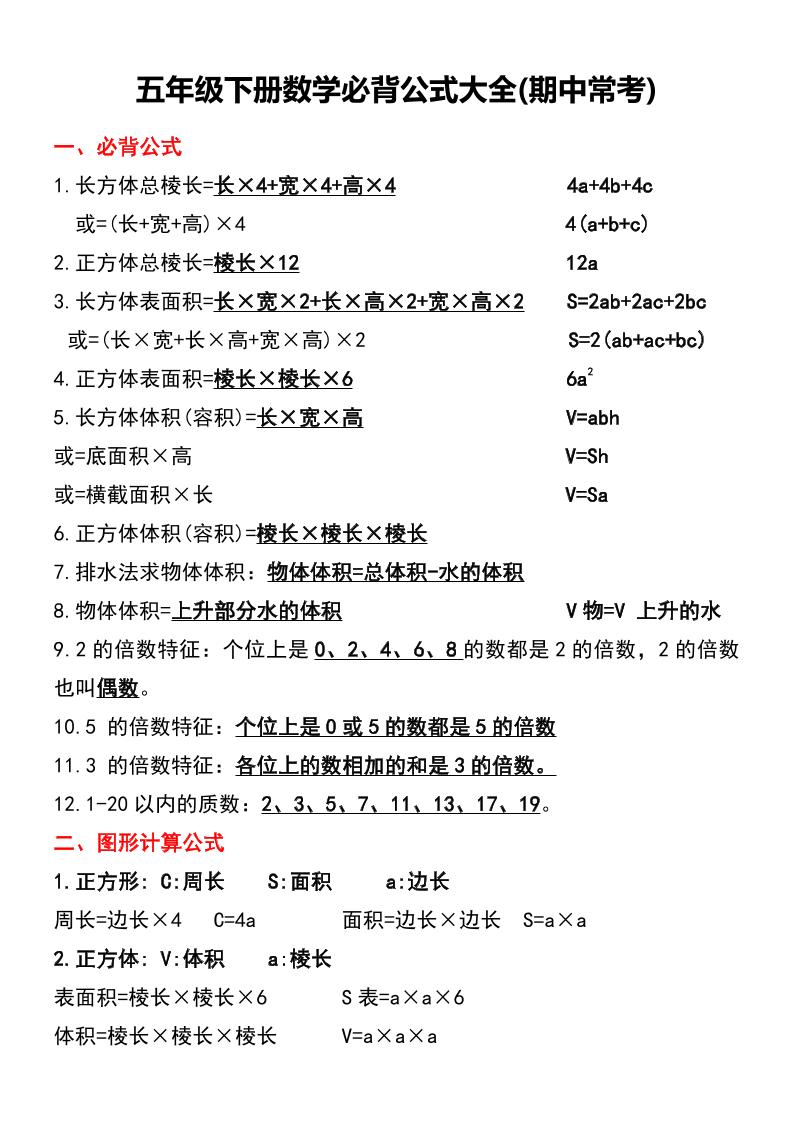 五年級下冊數學必背公式大全(期中常考)