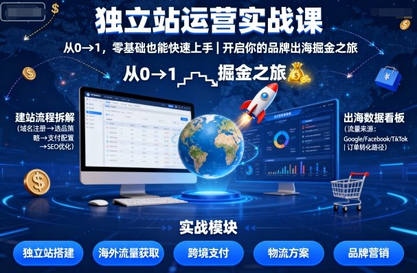 獨立站運營實戰課，?從0到1，零基礎也能快速上手，開啟你的品牌出海掘金之旅