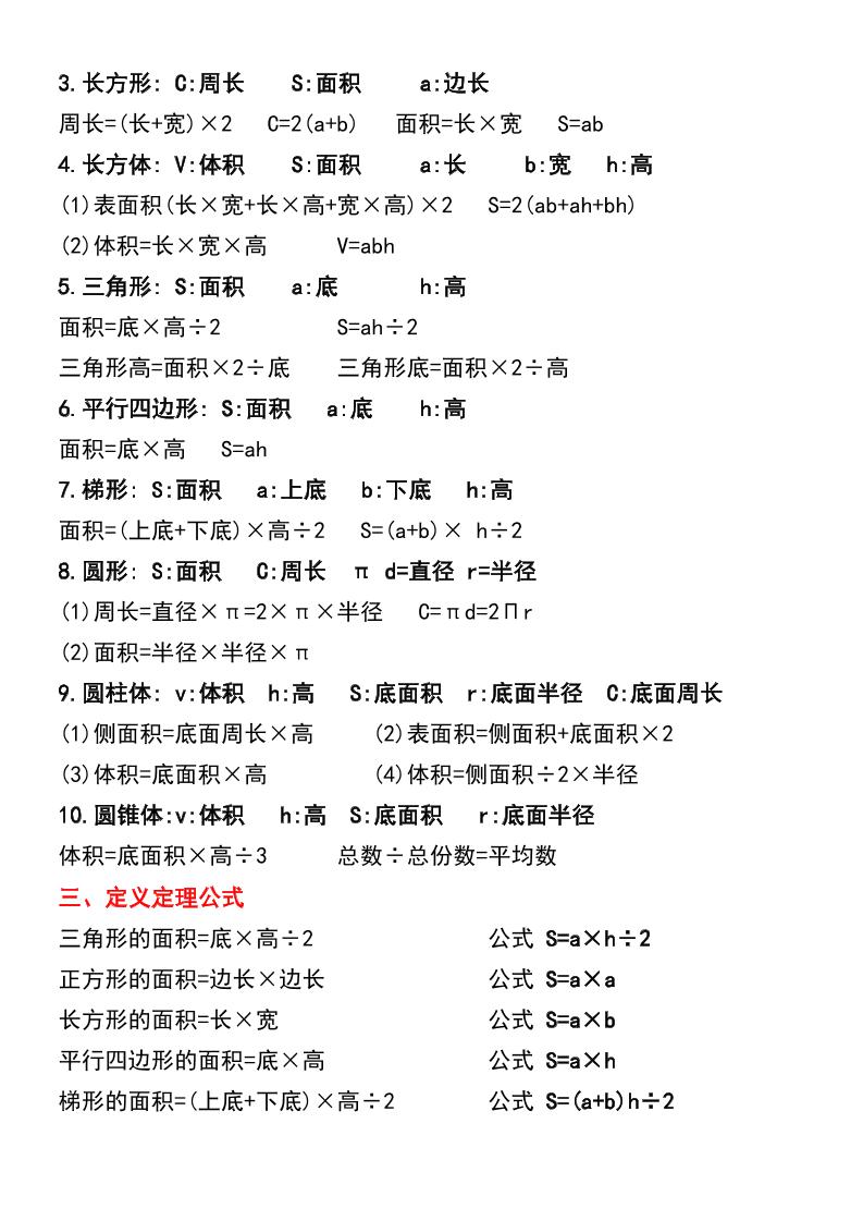 五年級下冊數學必背公式大全(期中常考)