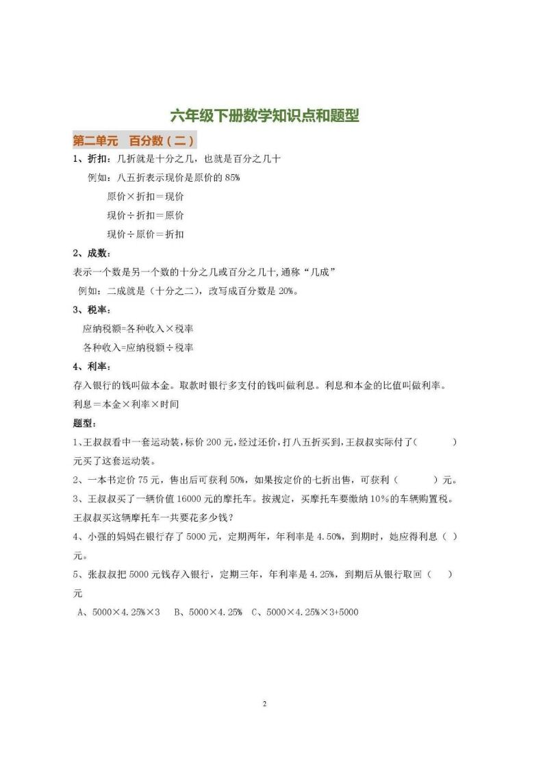 六下人教版數學全冊知識要點