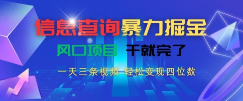 信息查詢暴力掘金,一天三條視頻,輕松變現四位數,風口項目干就完了【揭秘】