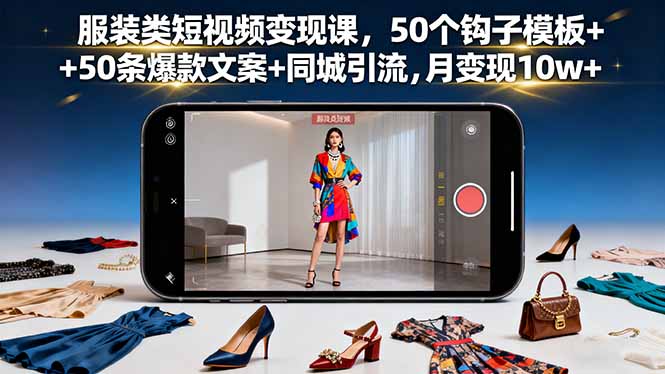 服裝類短視頻變現課，50個鉤子模板+50條爆款文案+同城引流，月變現10w+