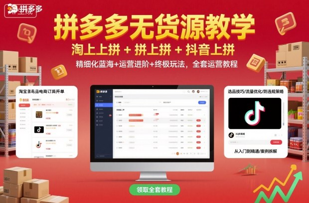 拼多多無貨源教學，淘上拼+拼上拼+抖上拼，精細化藍海+運營進階+終極玩法，全套運營教程