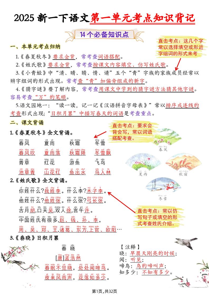 25新一下語文1-8單元考點知識背記(32頁)