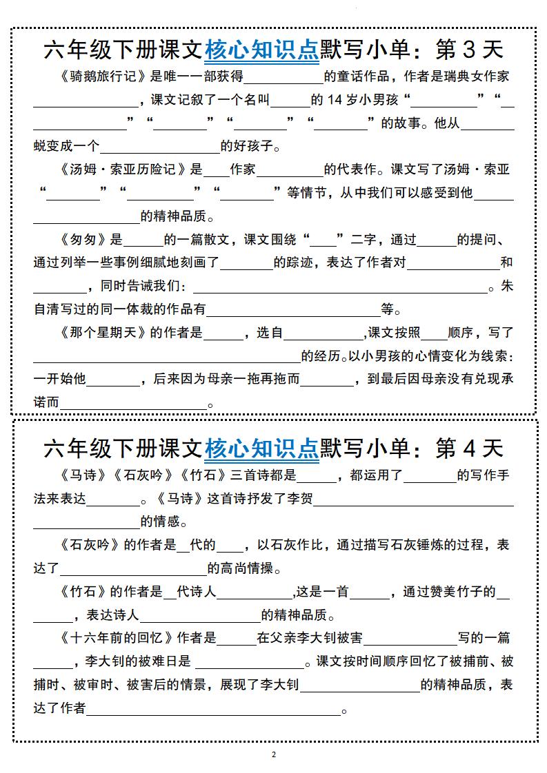 六年級下冊語文課文核心知識點默寫小單