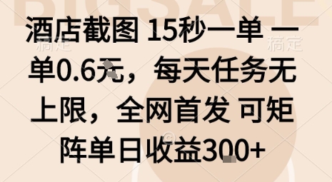 酒店截圖15秒一單，一單0.6米，每天任務(wù)無上限，全網(wǎng)首發(fā)可矩陣單日收益3張【揭秘】