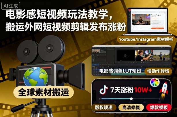 電影感短視頻玩法教學,搬運外網短視頻剪輯發布漲粉