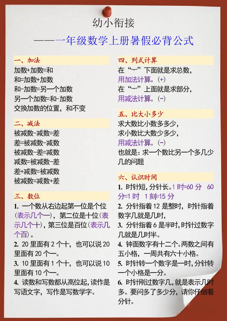 幼小銜接一年級數學上冊暑假必背公式