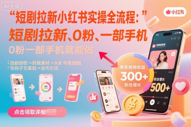 短劇拉新小紅書實(shí)操全流程，0粉一部手機(jī)就可以做，詳細(xì)教程