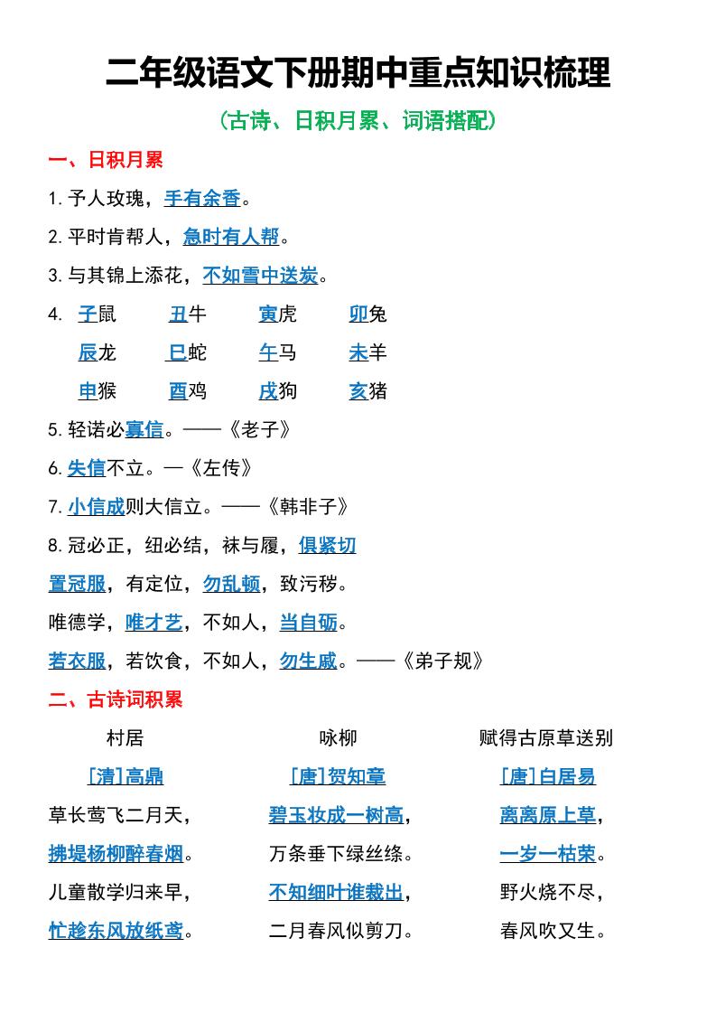 二年級語文下冊期中重點知識梳理6頁