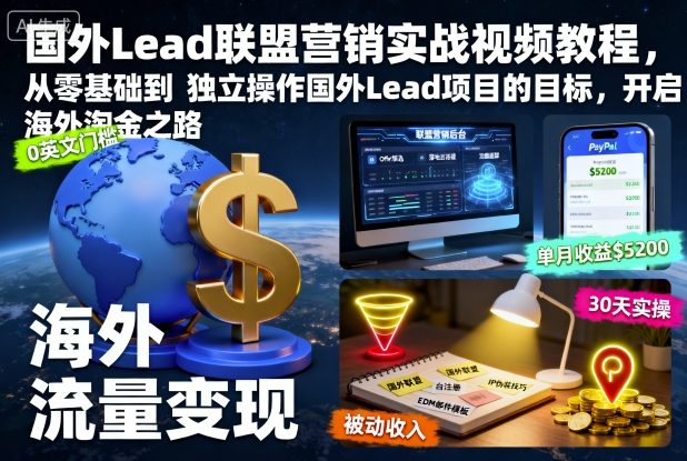 國外Lead聯盟營銷實戰視頻教程,從零基礎到獨立操作國外Lead項目的目標,開啟海外淘金之路