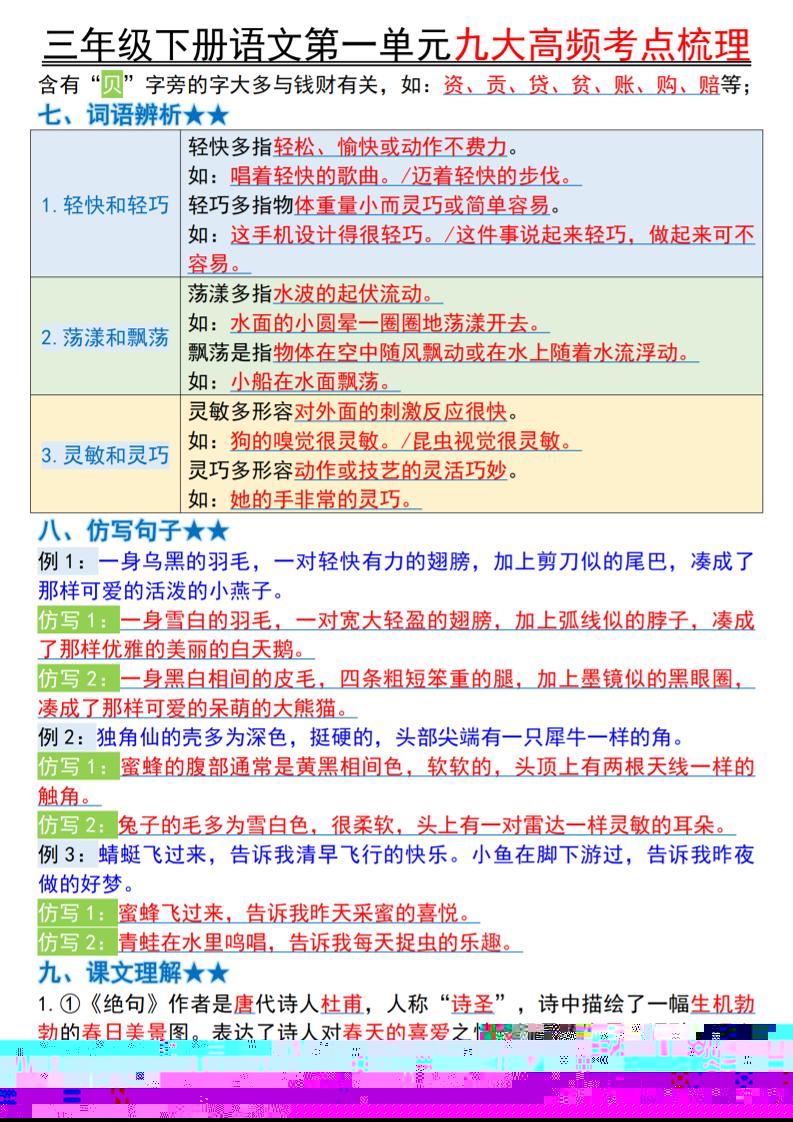 三下語文期中復習1-4單元高頻考點梳理(11頁)