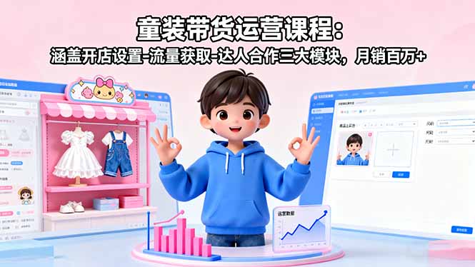 童裝帶貨運營課程:涵蓋開店設置-流量獲取-達人合作三大模塊,月銷百萬+