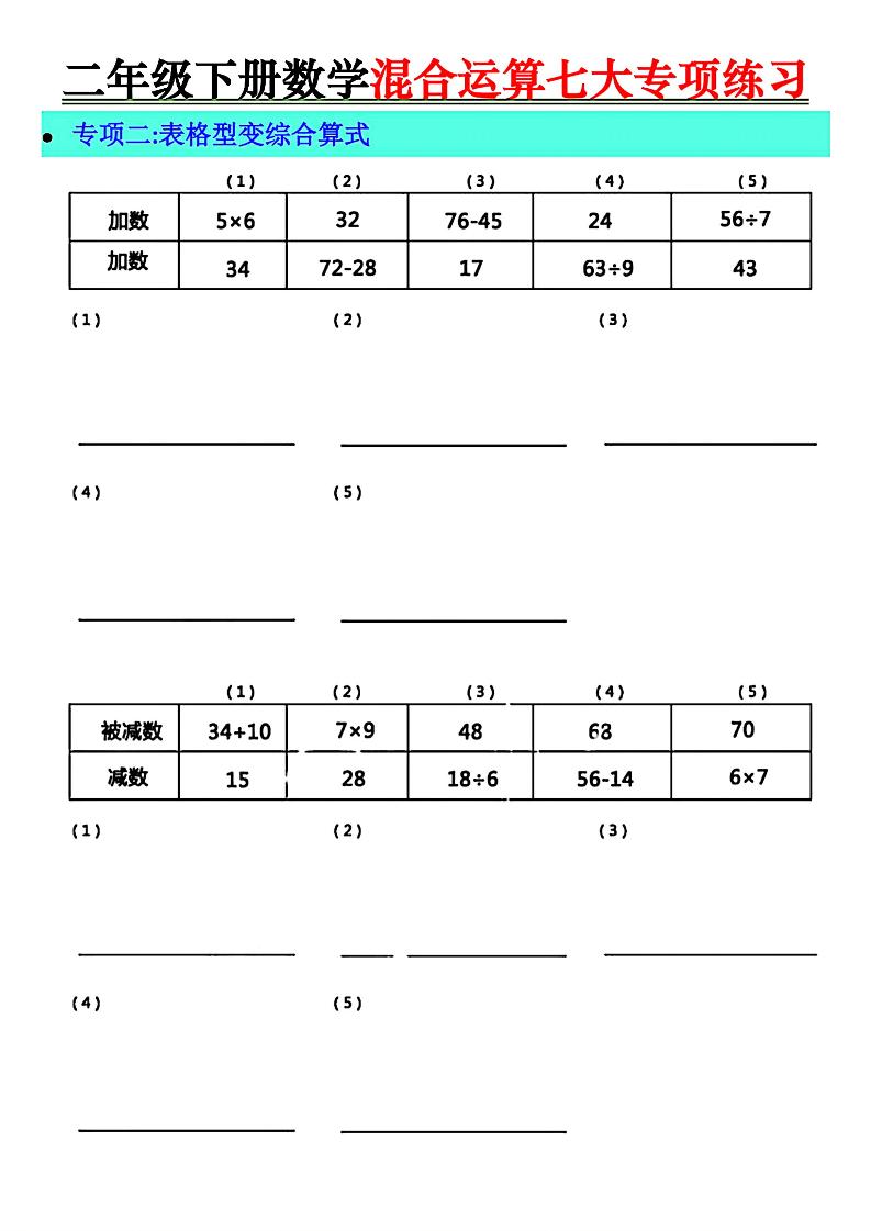 二年級下冊數(shù)學混合運算七大專項練習