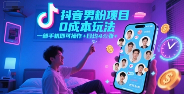 抖音男粉項目0成本玩法，一部手機即可操作，日均4張+，時間自由
