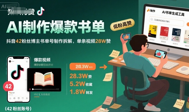 AI制作爆款書單，抖音42粉絲博主書單號制作拆解，單條視頻28W贊