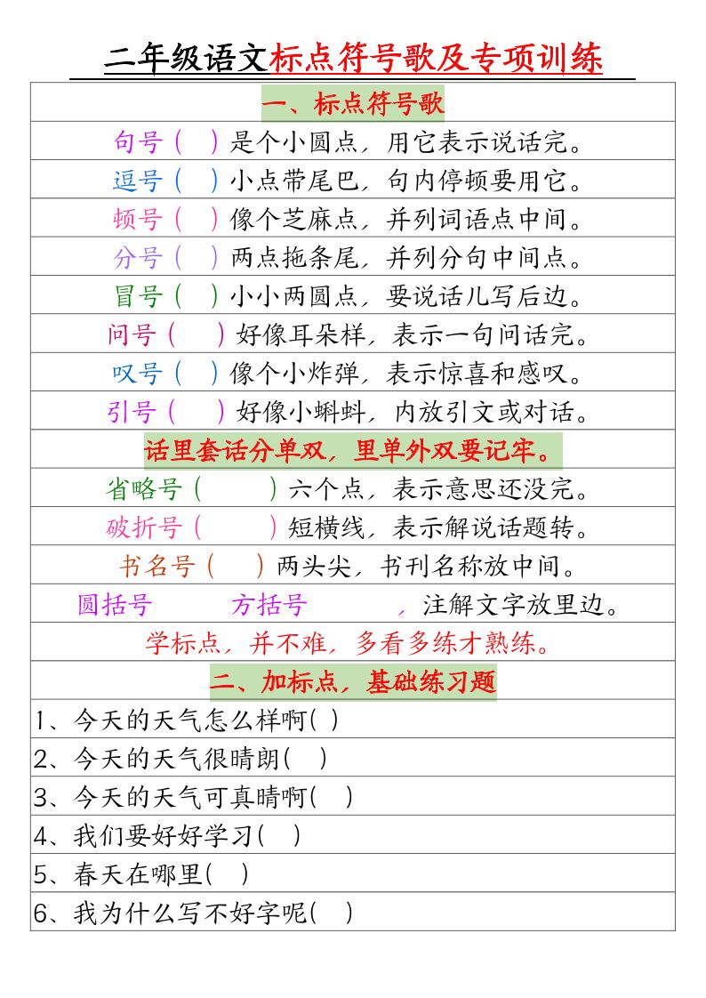二年級下冊語文標點符號歌及專項訓練(4頁)