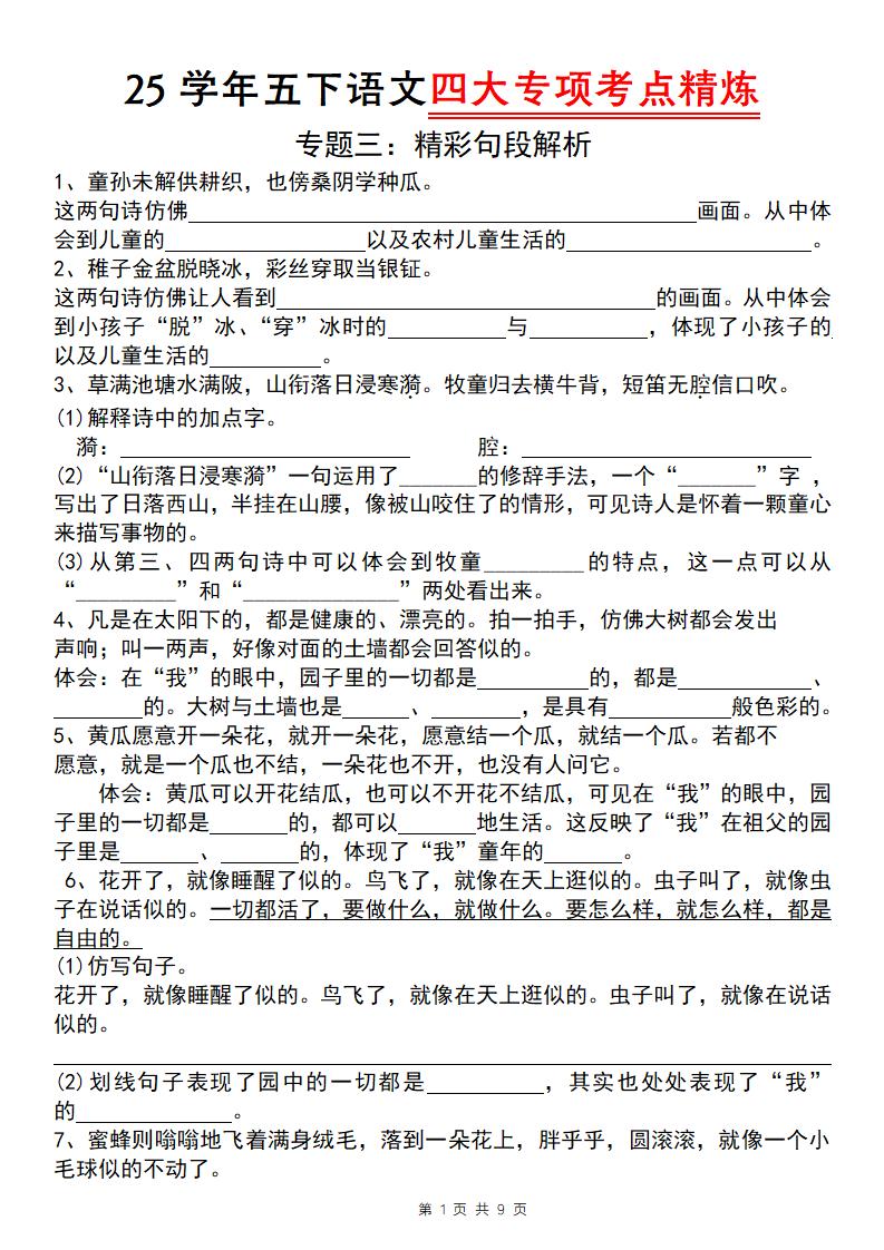 25學年五下語文四大專項考點精煉(專題三:精彩句段解析)