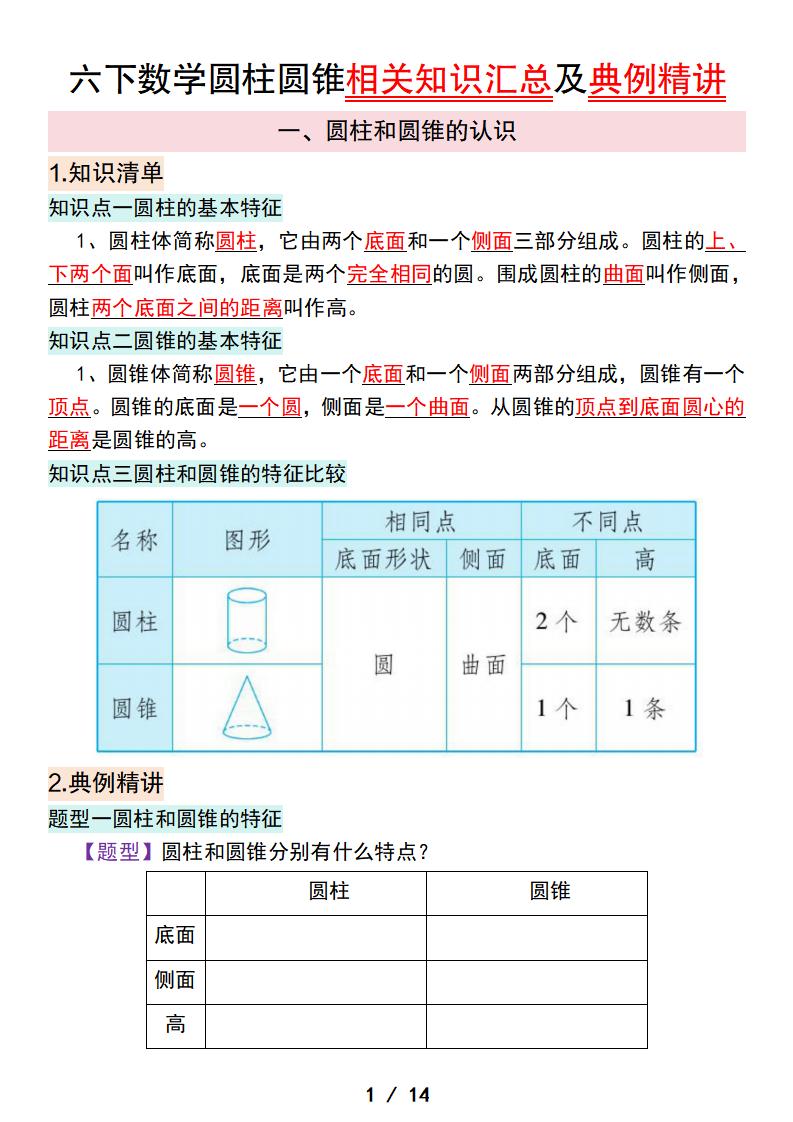 六下數學圓柱圓錐相關知識匯總及典例精講