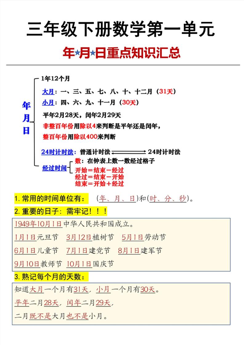 三年級下數學第6單元年月日重點知識匯總
