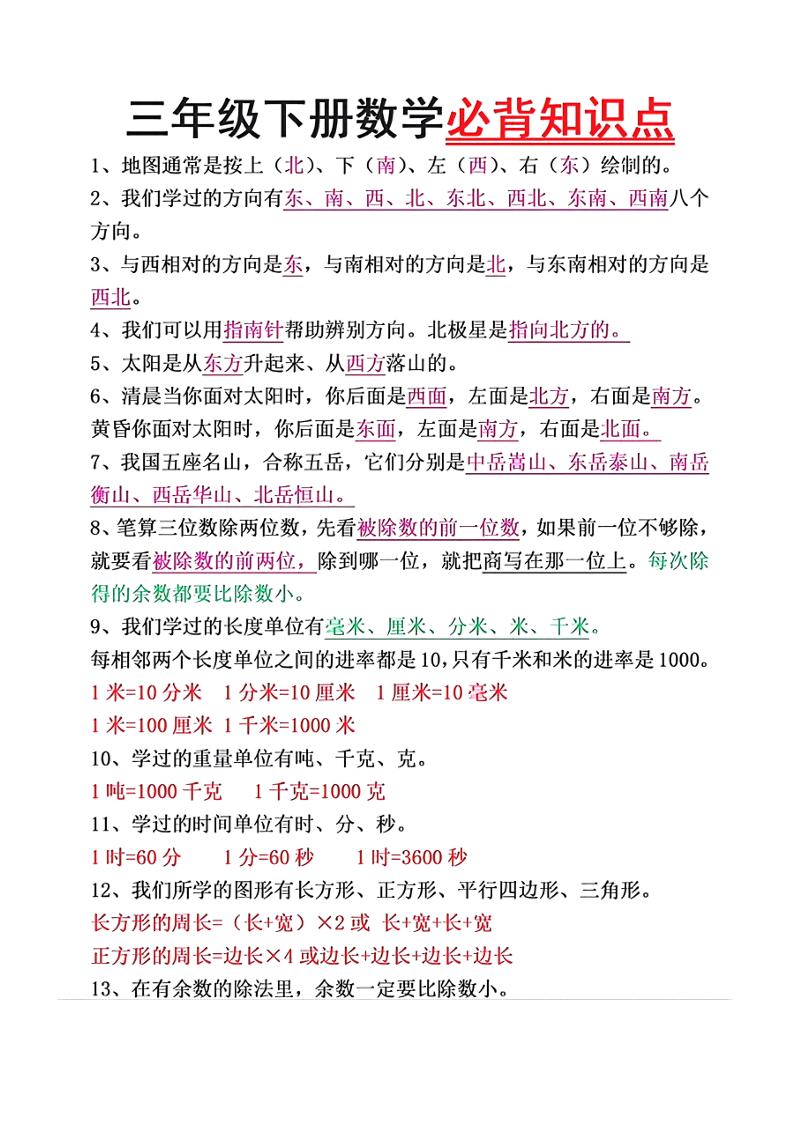 三年級下冊數學必背重點知識
