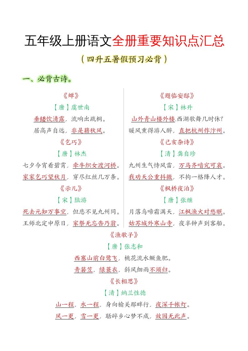 五年級語文上冊全冊重要知識點匯總