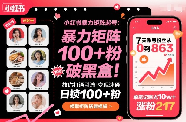 小紅書暴力矩陣起號，教你打通引流-變現速通，日鎖100+粉，破流量黑盒