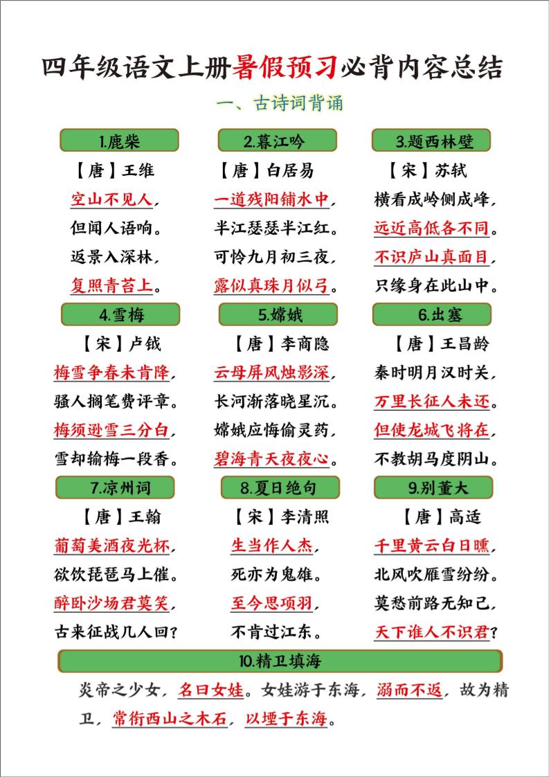 四年級語文上冊暑假預習必背內容總結