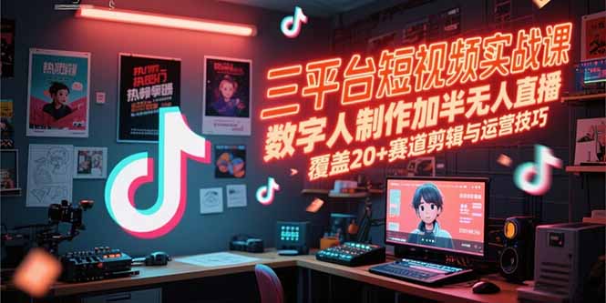 三平臺短視頻實戰課，數字人制作加半無人直播，覆蓋20+賽道剪輯與運營技巧