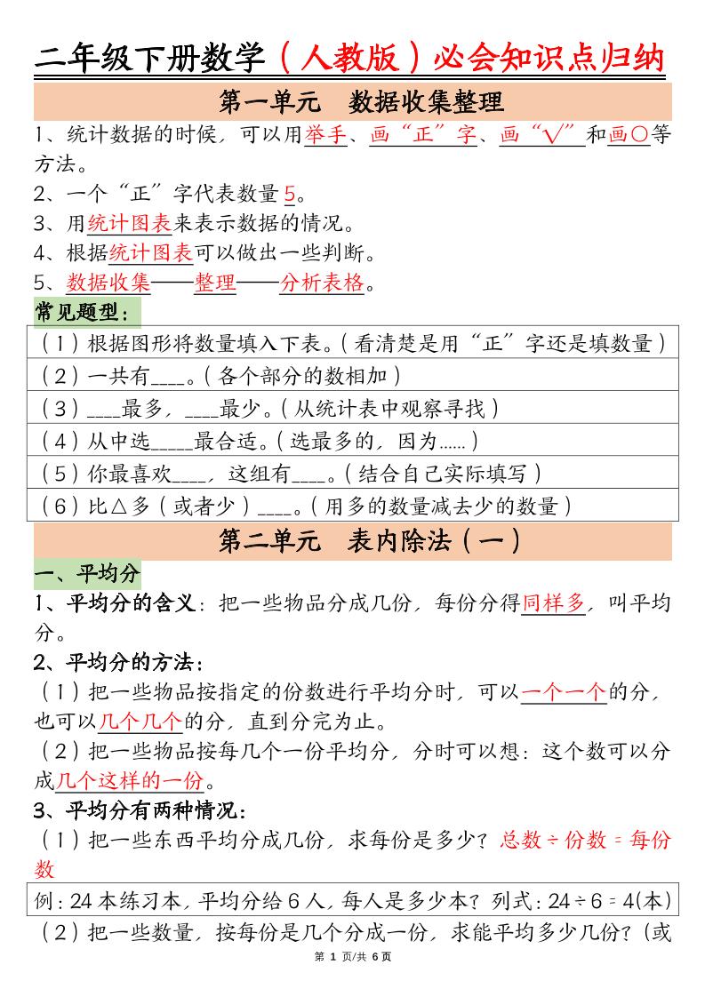 二下數學【人教版】必會【知識點】歸納總結6頁