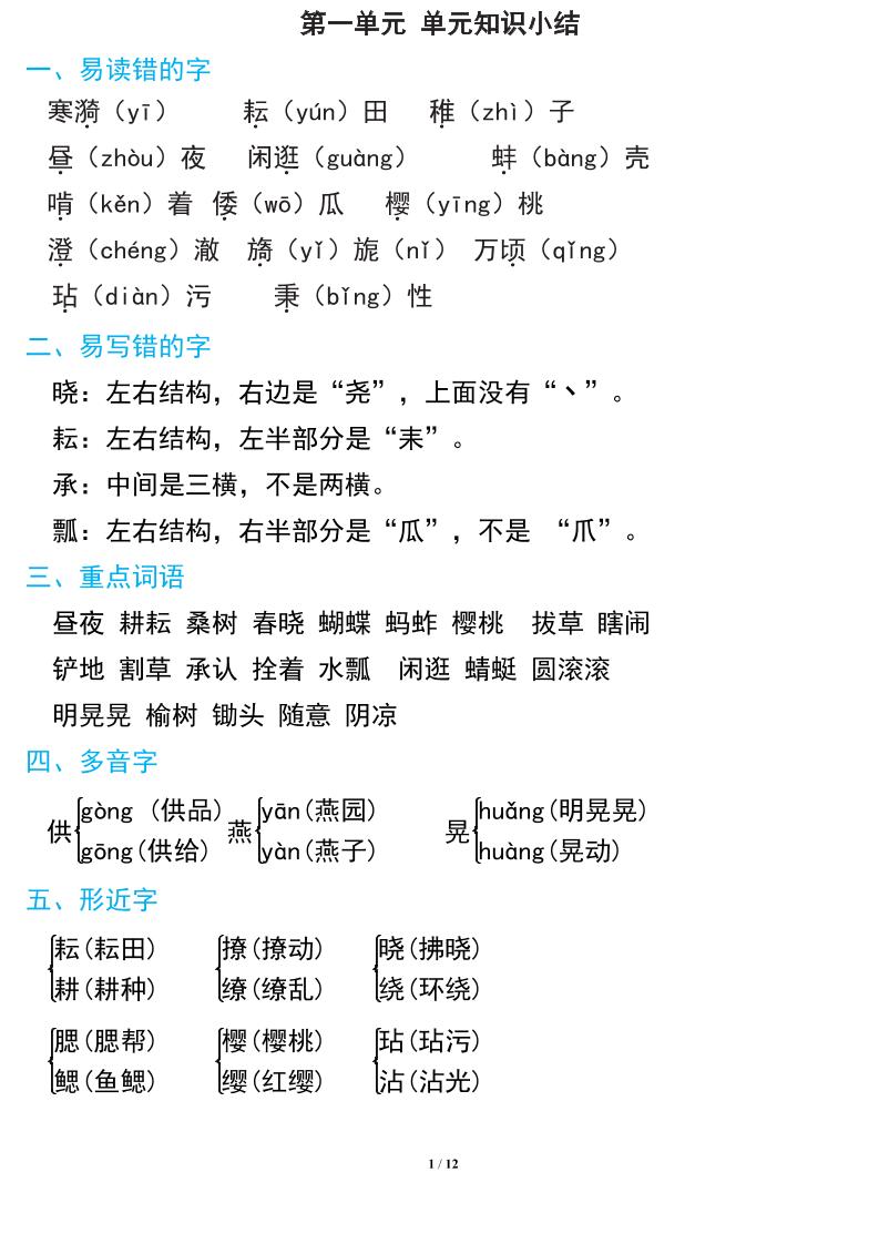 語文五年級下冊期中復習知識要點